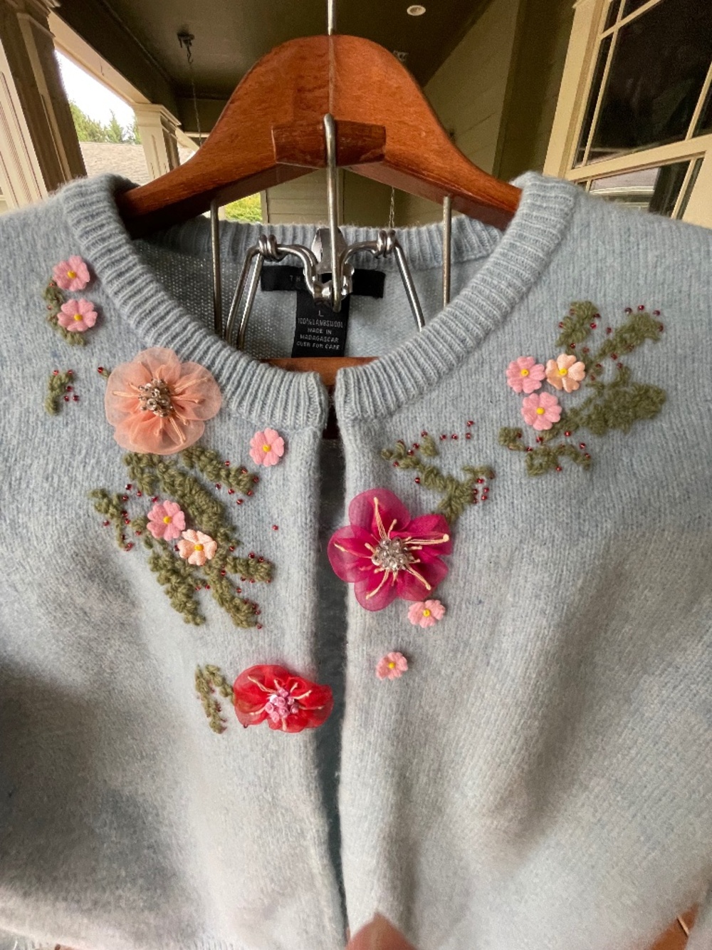 Vintage The Limited 100% Lambswool Floral Embroidered Light Blue Cardigan L